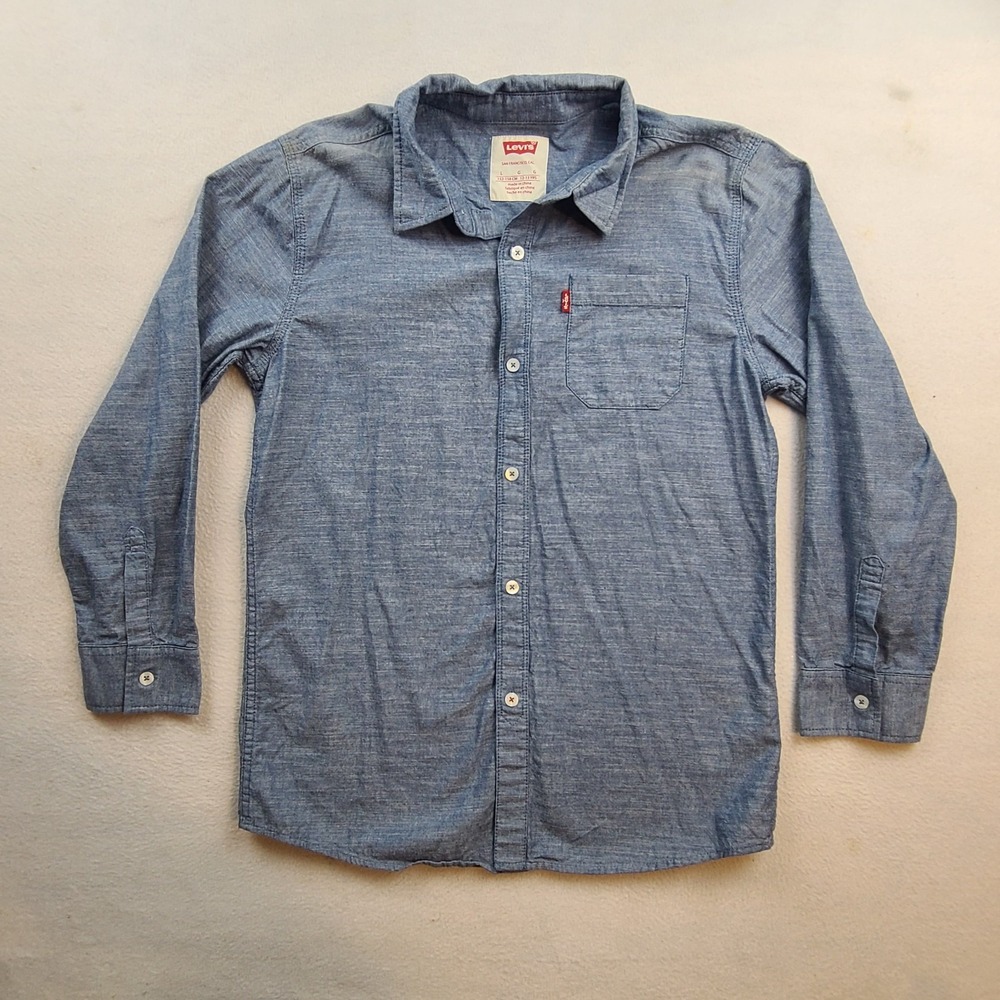 Levi’s Boys Chambray Shirt Size L 12-13 Blue Long Sleeve Button Up Front Cotton